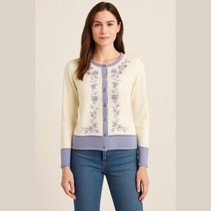 Vintage Littleton Cream Lavender Beaded Embroidered Womens Sweater Size M